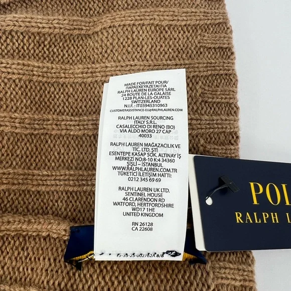 POLO RALPH LAUREN, LIGHT BROWN BEANIE, ONE SIZE FITS, 50% WOOL 50% NYLON, UNISEX - Picture 15 of 17